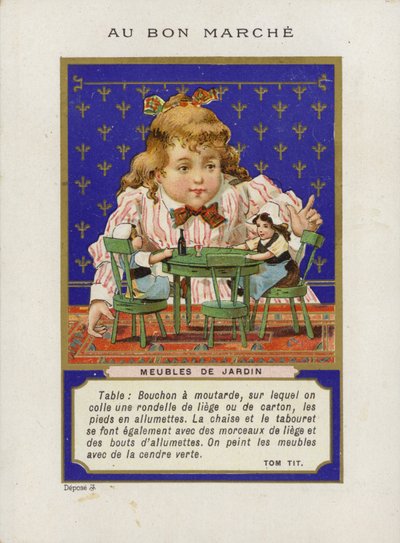 Fille jouant avec des poupées et des meubles miniatures, Meubles de Jardin - French School