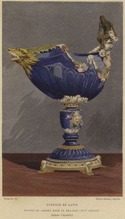 Coupe en lapis-lazuli en forme de gondole montée en argent doré et émaillé, 16e siècle - French School