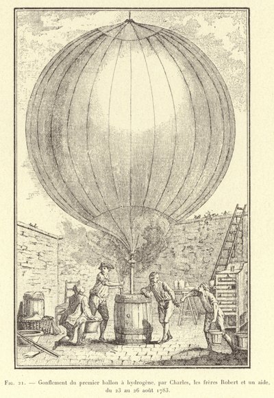 Gonflement du premier ballon à hydrogène, par Charles, les frères Robert et un aide, du 23 au 26 août 1783 - French School