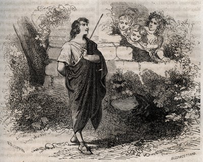 Mythologie grecque : Bacchis et ses amis tentent de séduire Gygès qui refuse et reste fidèle à sa femme décédée. Gravure de 1871 dans "Histoire des cocus célèbres" par Henry de Kock (1819-1892). - French School