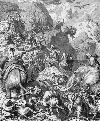 Hannibal traversant les Alpes avec des éléphants pour arriver en Italie (IIe guerre punique). Gravure du XIXe siècle. - French School