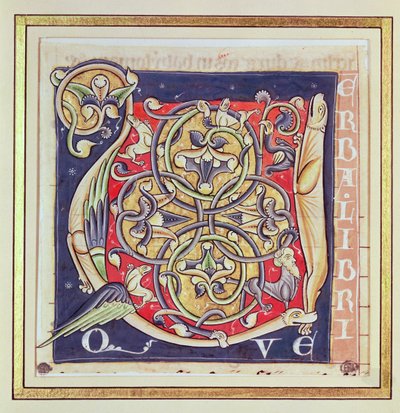 Initiale historiée U représentant un motif entrelacé et des animaux fantastiques, de la Bible de Saint-André-aux-Bois - French School