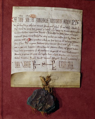 Hommage au roi Philippe II (1165-1223) de Simon de Montfort (c.1160-1218) pour les territoires confisqués à Raymond VI (1197-1249) vers 1216 - French School