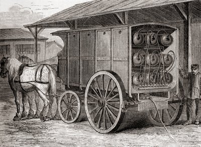 Véhicule hippomobile utilisé pour transporter du gaz comprimé dans des conteneurs portables au 19ème siècle, de Les Merveilles de la Science, publié c.1870 - French School