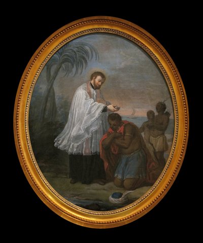 Je baptise un Indien. Le personnage recevant le baptême ne semble pas être un Amérindien, contrairement aux deux personnages en arrière-plan. Cette peinture pourrait être une allégorie de la mission évangélisatrice des Jésuites sur tous les continents. - French School