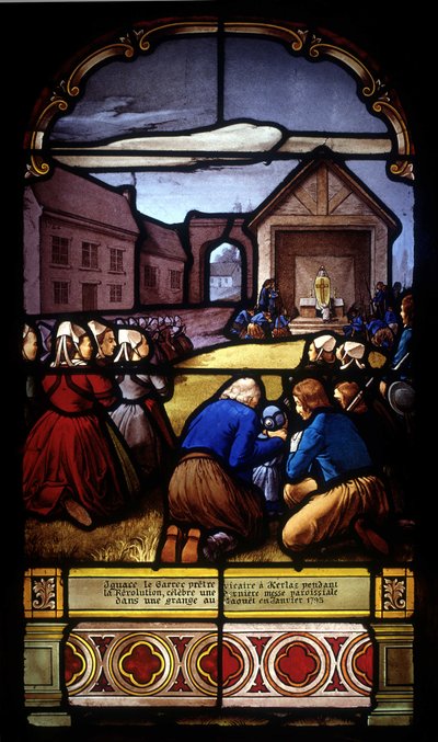 Ignace Le Garrec, prêtre vicaire à Kerlaz pendant la Révolution, célèbre une dernière messe paroissiale dans une grange à Caouët, janvier 1793 - vitrail de l