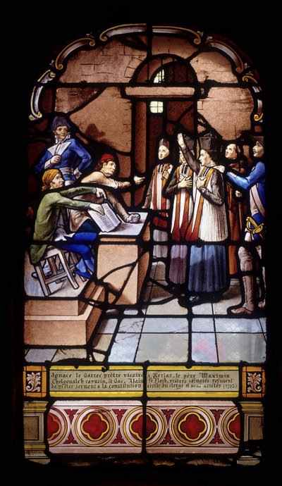Ignace le Garrec, prêtre vicaire à Kerlaz, Père Maximin Chelgoualch, Capucin, Le Gac, Alain Le Floch, prêtres réfugiés, refusent de prêter serment à la constitution civile du clergé et sont arrêtés - French School