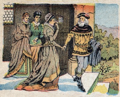 Illustration pour le conte "La Belle et la Bête" : le marchand partant en voyage dit adieu à ses trois filles et leur promet un cadeau à son retour. Gravure de l