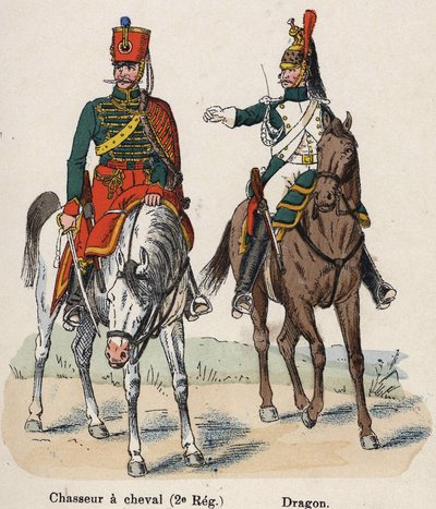 Garde Impériale Napoléon Ier : Chasseur à cheval (2ème Régiment) et Dragon. Planche du livre Les Uniformes de l