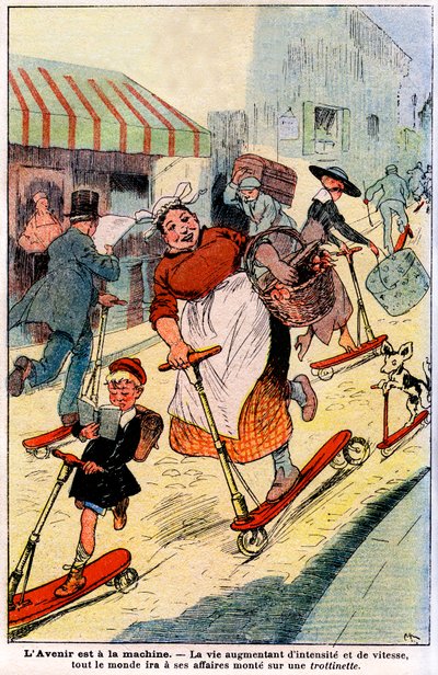 Dans le futur, la vie augmentant en intensité et en vitesse, tout le monde ira à ses affaires en scooter. 1919 (gravure) - French School