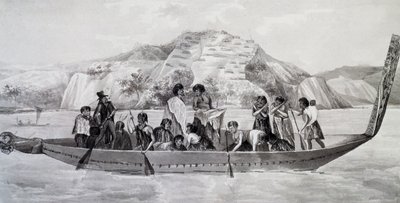 Indigènes néo-zélandais sur pirogue avec village fortifié en arrière-plan, 10 avril - French School
