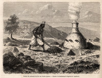 Fonte du minerai de fer au Fouta Djalon, Sénégal, dessin de Hadamard, pour illustrer le voyage du lieutenant Lambert au Fouta Djalon en 1860. Gravure dans "Le tour du monde" 1861. Collection Selva. - French School