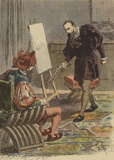 Le peintre italien Tintoretto approchant Pietro Aretino, armé d