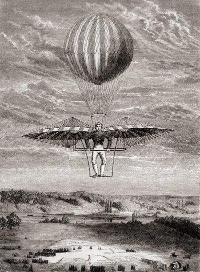 Ornithoptère de Jacob Degen de 1808 avec des clapets, dans lequel le pilote se tenait sur un cadre rigide et actionnait les ailes avec une barre horizontale mobile, de 