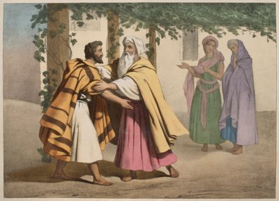 Jacob avec Laban et ses filles, illustration du catéchisme L