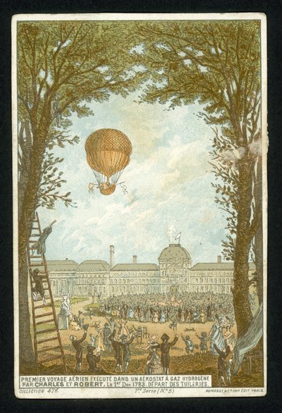 Jacques Charles et Marie-Noel Robert faisant la première ascension en ballon à hydrogène, Paris, 1er décembre 1783 - French School
