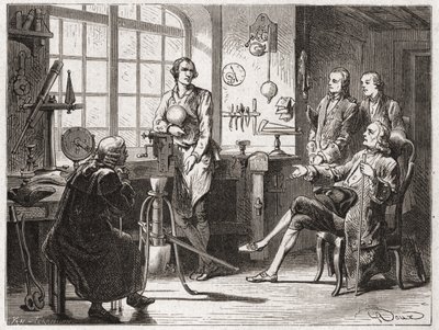 James Watt (inventeur de la machine à vapeur en 1769) dans son atelier de Glasgow - dans « Album de la Science; savants illustres; Grandes découvertes » 1896. - French School
