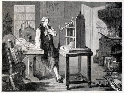 James Watt étudiant le perfectionnement de la machine de Newcomen (1767) - dans « Album de la Science ; savants illustres ; Grandes découvertes » 1896. - French School