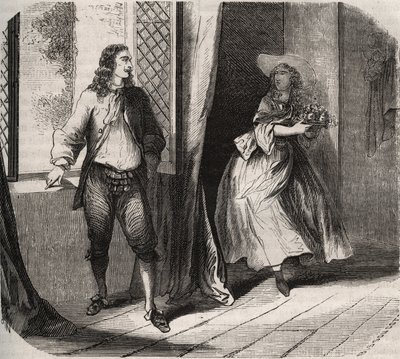Jean Baptiste Poquelin, dit Molière (1622-1673) propose à la comédienne Mademoiselle de Brie (Catherine Leclerc du Rose) - French School