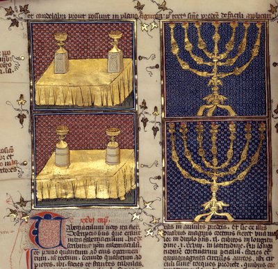 Judaïsme : « tables de proposition et chandeliers utilisés dans les rites hébraïques » Miniature tirée de « Commentaires de la Bible » par Nicholas de la Lyra (13ème siècle) - French School
