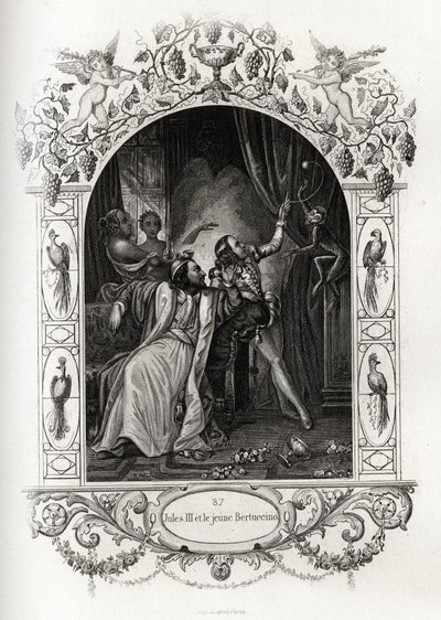 Jules III (pape de 1550 à 1555) et le jeune Bertuccino, le montreur de singes. Gravure pour illustrer Histoire des papes par Maurice Lachatre (1814-1900), librairie du progrès, Paris. - French School