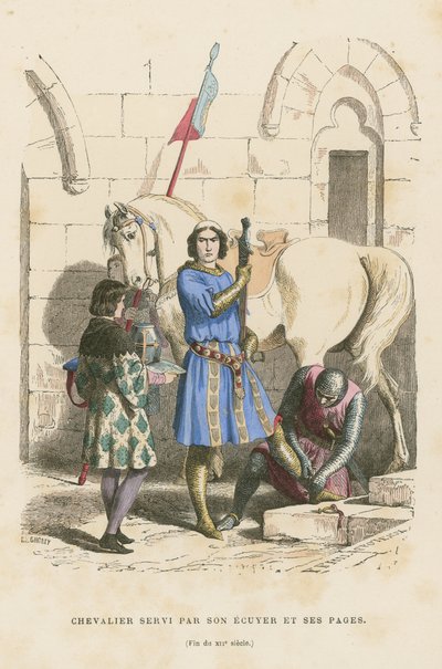 Chevalier assisté par son écuyer et page, fin XIIe siècle - French School