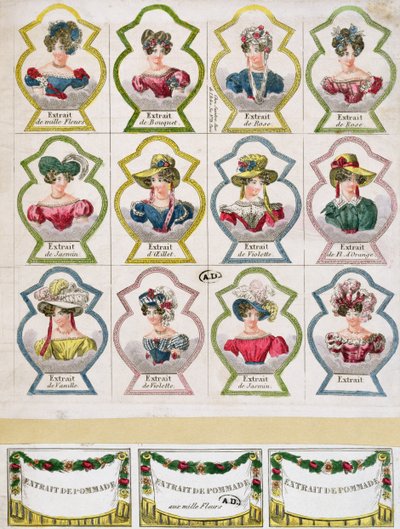 Étiquettes publicitaires pour divers extraits de fleurs pour une parfumerie, Paris, début du XIXe siècle - French School