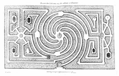 Projet de labyrinthe avec cabinets et fontaines. Basé sur la théorie et la pratique du jardinage par A. J. Dézailler D