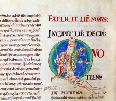 Jugement dernier christ accueillant la lettre de Job « Q » (lettrine). Miniature du manuscrit « Moralia in Job », de l