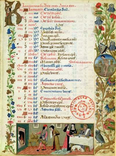 Janvier; personnages mangeant et buvant, par Robinet Testard, des Heures de Charles d
