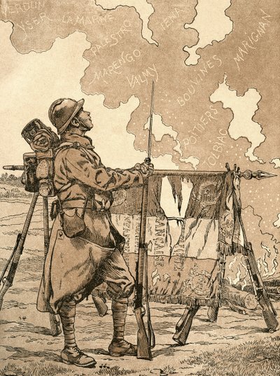 Le Bleuet. Symbole de mémoire et de solidarité en France, pour les anciens combattants et les victimes de la première guerre mondiale. Illustration de propagande française de la 1ère Guerre mondiale évoquant les victoires françaises à travers les âges. De  - French School