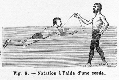 Apprendre à nager avec une corde, gravure - French School