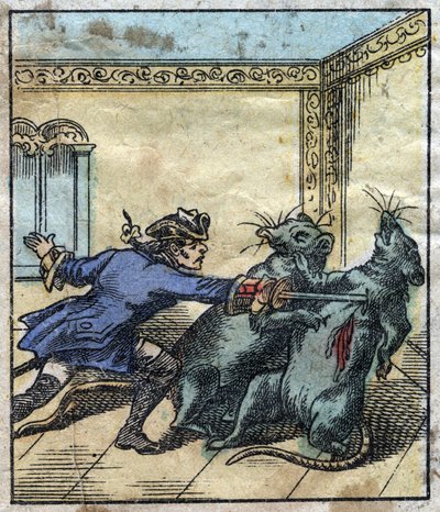 Lemuel Gulliver combat des rats au pays des géants de Brobdingnag. Illustration pour "Les Voyages de Gulliver" de Jonathan Swift (1667-1745). Imagerie d