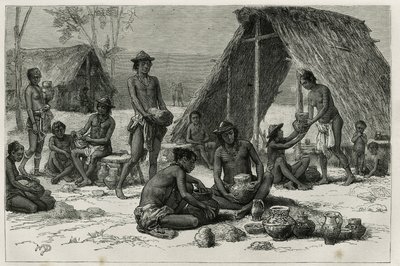 Les Indiens Galibis fabriquant de la poterie, gravure de D. Maillart, pour illustrer le voyage d