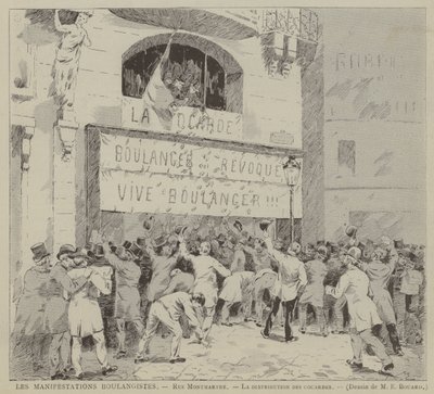 Les Manifestations Boulangistes, Rue Montmartre, La distribution des cocardes (engraving) - French School