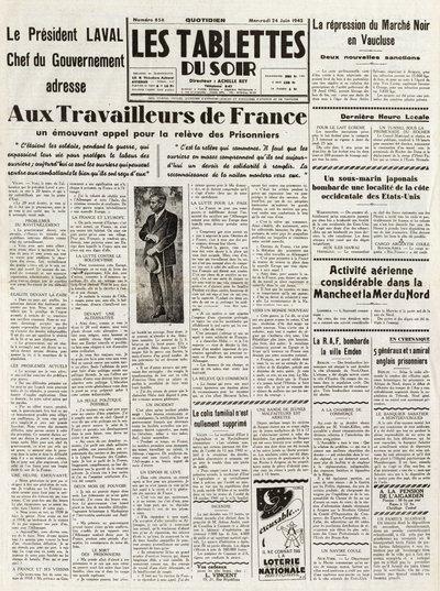 Les Tablettes du soir du 24/06/1942 - LAVAL CHEF DU GOUVERNEMENT S