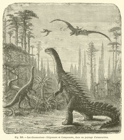 Les dinosauriens, Stegosaure et Compsonote, dans un paysage d