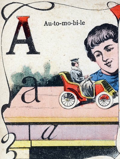Lettre A : Automobile. Gravure dans "ABC des jouets pour petits garçons". Imagerie de Pont-à-Mousson, Louis Vagne, imprimeur-éditeur, fin XIXe siècle. - French School