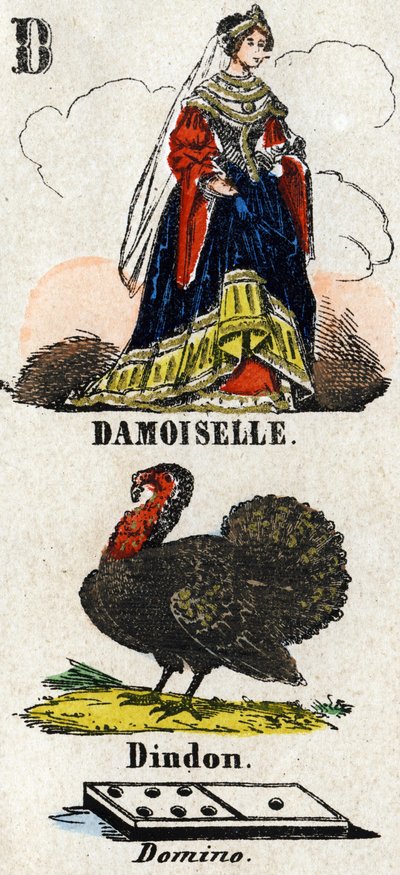 Lettre D comme damoiselle, dinde et domino. Petit alphabet encyclopédique. Imagerie d