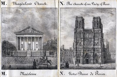 Lettre M Madeleine et N Notre-Dame de Paris (Notre Dame de Paris) - "Alphabet Pittoresque des Monuments de Paris" vers 1840 (gravure) - French School