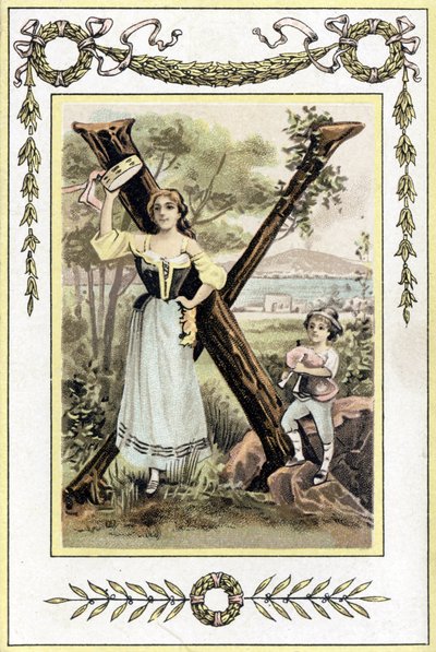 Lettre représentant une mère avec un tambourin et son fils en berger avec une cornemuse, fin 19e siècle (chromolithographie) - French School