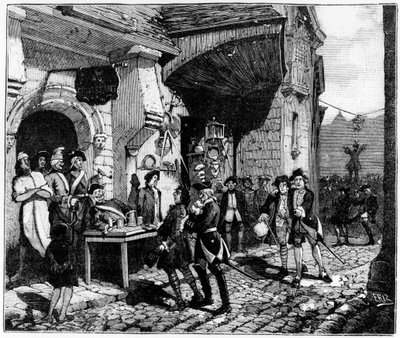 La vie à Paris sous Louis XV : les solliciteurs guettant le jeune et naïf provincial, tombant dans les griffes - dans « Paris à travers les siècles » de Gérouillac - French School