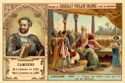 Luis de Camoes, poète portugais, et une scène de son poème Les Lusiades, représentant Vasco de Gama reçu par le roi de Malindi - French School