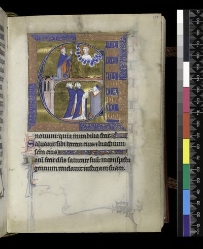 David prie Dieu (en haut), deux clercs (en bas), du Psautier et Heures d