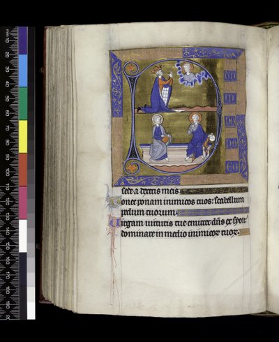 MS 300 f.125v, David prie Dieu (en haut); Dieu avec un orbe et Christ avec un livre assis sur un banc (en bas), du Psautier et Heures d