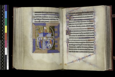 Matines, Vierge et Enfant assis entre deux vases sur un banc (en haut) ; Trahison du Christ, avec Judas embrassant le Christ, et Saint Pierre coupant l