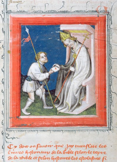 MS 313 Messager remettant une lettre du roi de France à un évêque, miniature de la Bible de Guiart des Moulins - French School