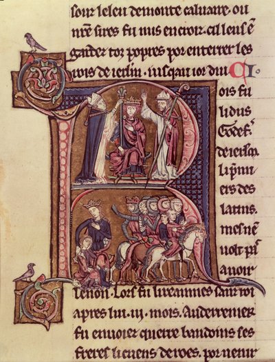 Initiale historiée R représentant le roi Baudouin Ier de Flandre (1171-1205) couronné empereur latin en 1204 et sa générosité envers une femme turque envoyant son enfant - French School