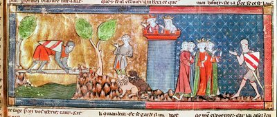 Lancelot prouve son amour pour Guenièvre en traversant une rivière sur un pont d