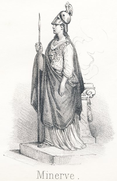 M Minerve : Déesse sortie de la tête de Jupiter, armée avec cape et lance en main. Sous le nom de Minerve, elle était déesse de la sagesse et sous le nom de Pallas, elle était déesse de la guerre - French School